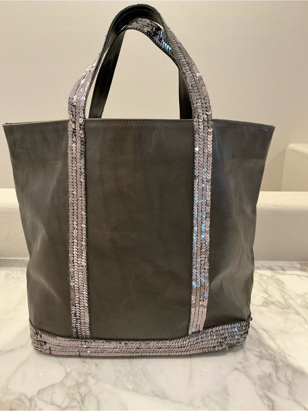 Vanessa Bruno Gray Leather Tote with Sequin Trim